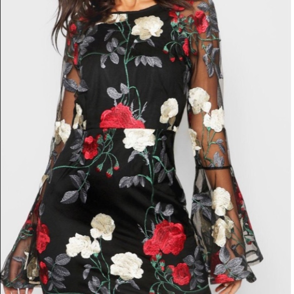 Boohoo Embroidered Flared Sleeve Bodycon Dress